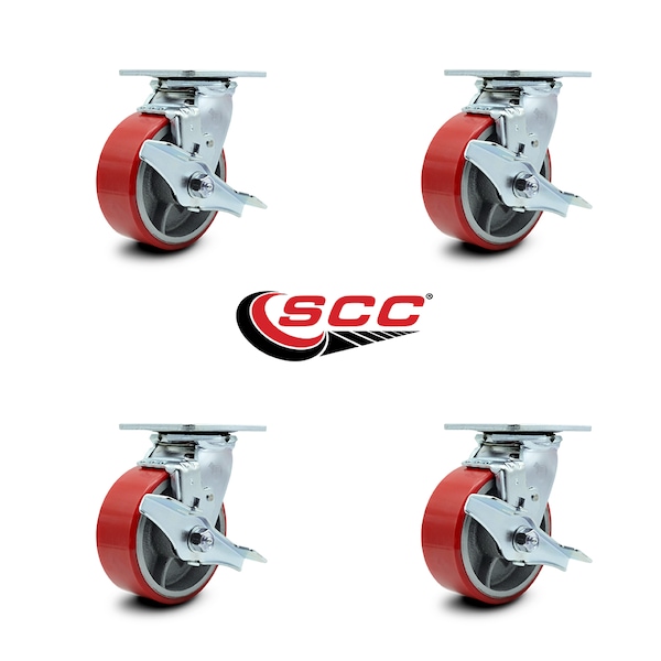 5 Inch Red Poly on Cast Iron Swivel Caster Set with Roller Bearings and Brakes